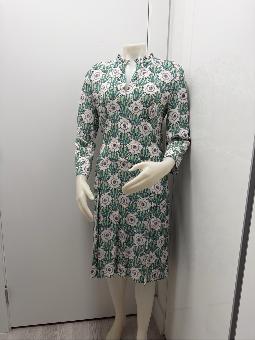 Prada Floral Long Sleeve Ruffle Neck Dress Size S